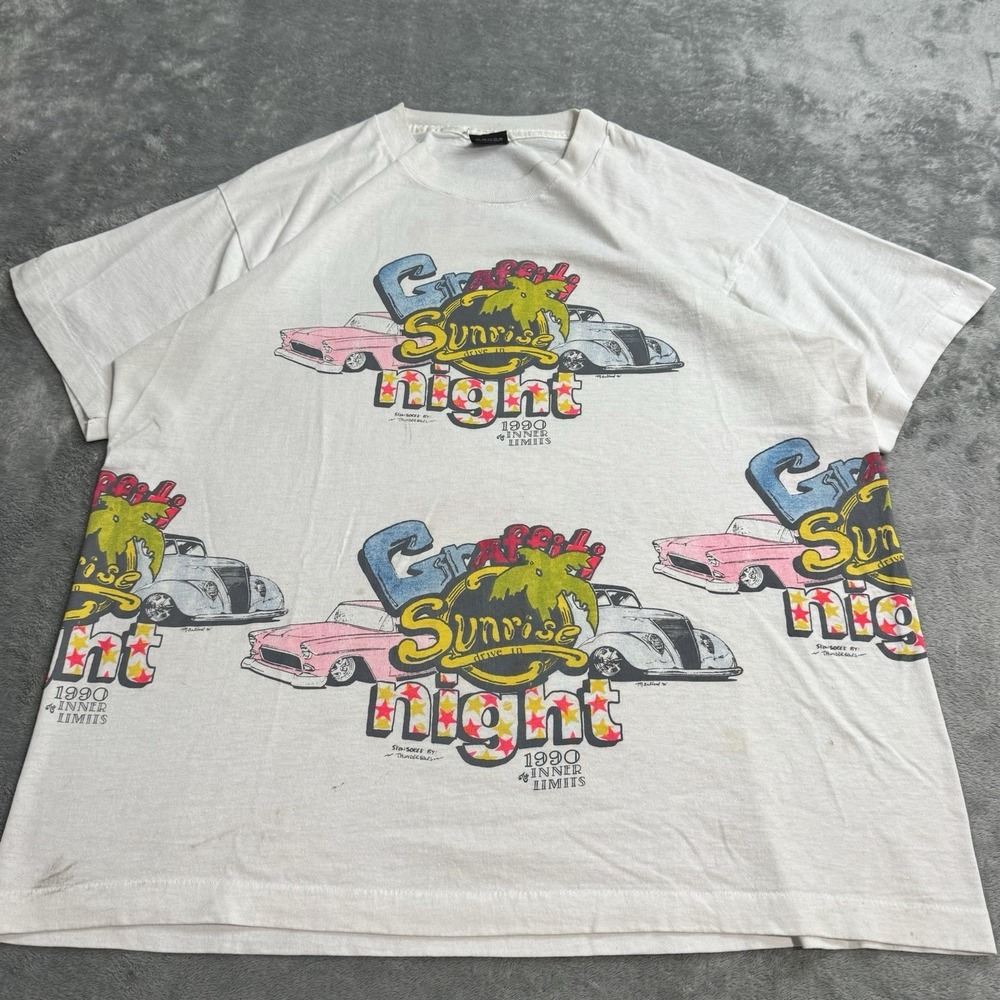 VTG 1990 RARE Graffiti Night Sunrise Drive In Test Print AOP Tshirt Mens XL Cars